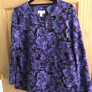 Denim & Co. Watercolor Floral Printed Long Sleeve Top in Blue Iris size Large